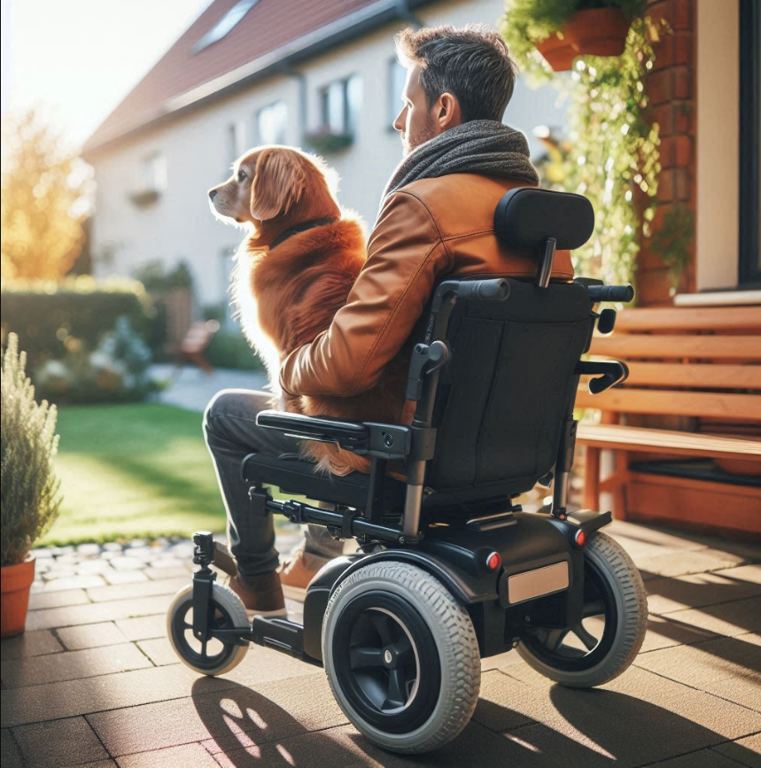 man in een rolstoel met een hond op schoot, kijkt uit over zijn tuin