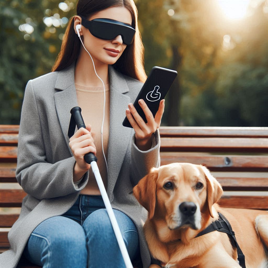 Persoon met een telefoon in haar ene hand en een taststok in haar andere hand. Ze heeft een geleidehond bij zich en een zonnebril op