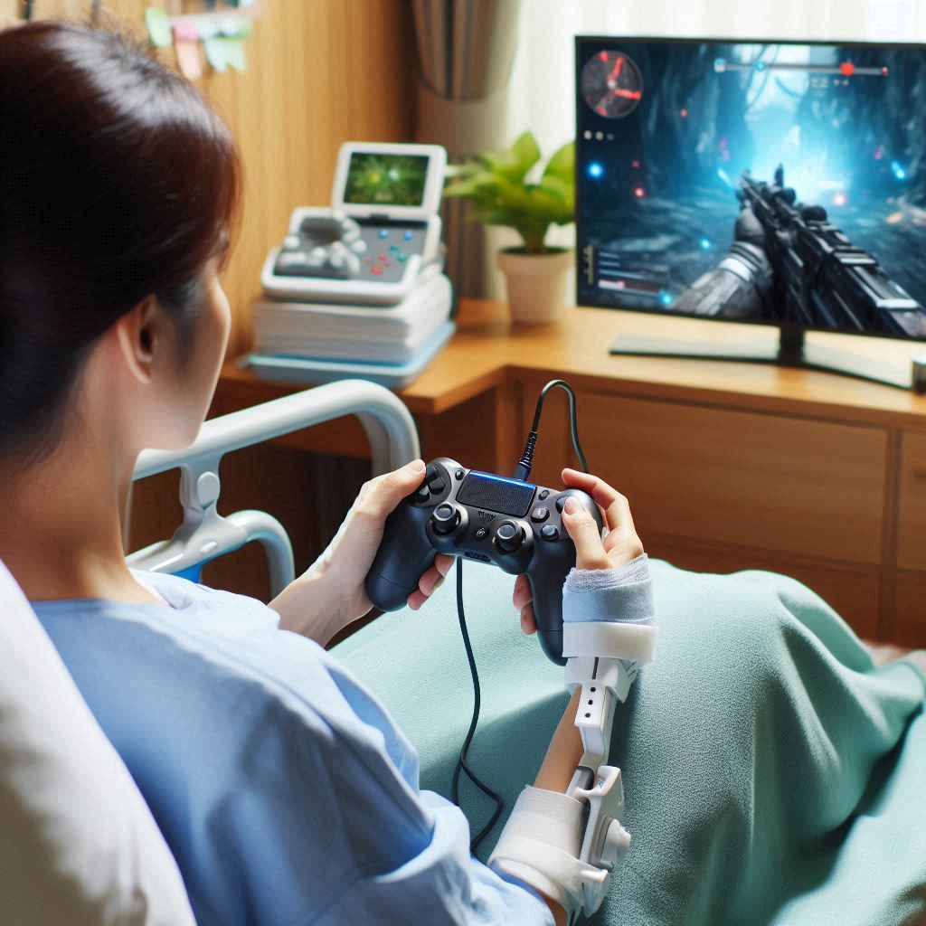 Persoon in een ziekenhuisbed die aan het gamen is